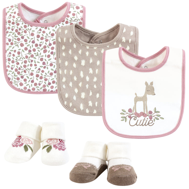 Hudson Baby Cotton Bib and Sock Set, Fawn Cutie