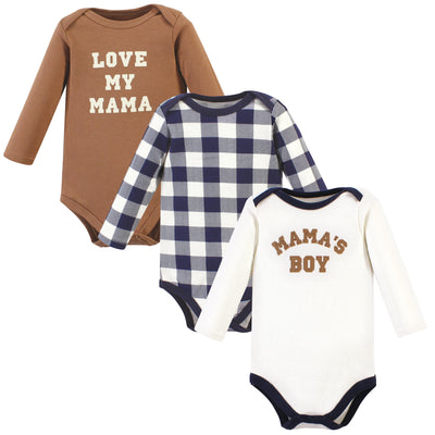 Hudson Baby Cotton Long-Sleeve Bodysuits, Brown Navy Mamas Boy 3-Pack