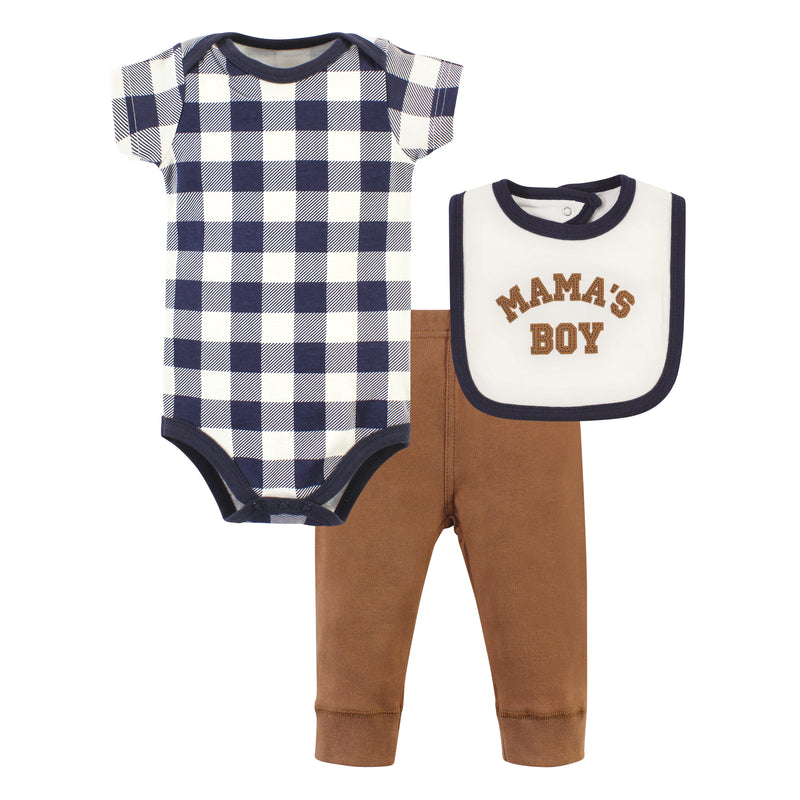 Hudson Baby Cotton Bodysuit, Pant and Bib Set, Brown Navy Mamas Boy