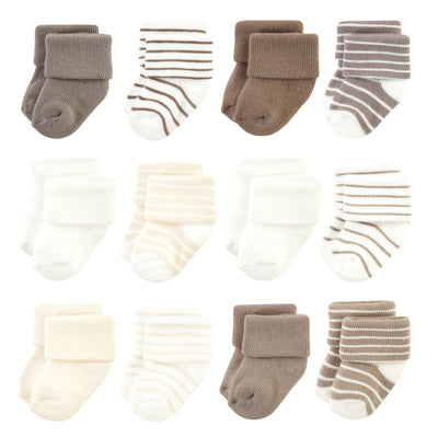 Hudson Baby Cotton Rich Newborn and Terry Socks, Beige Stripe 12 Pack