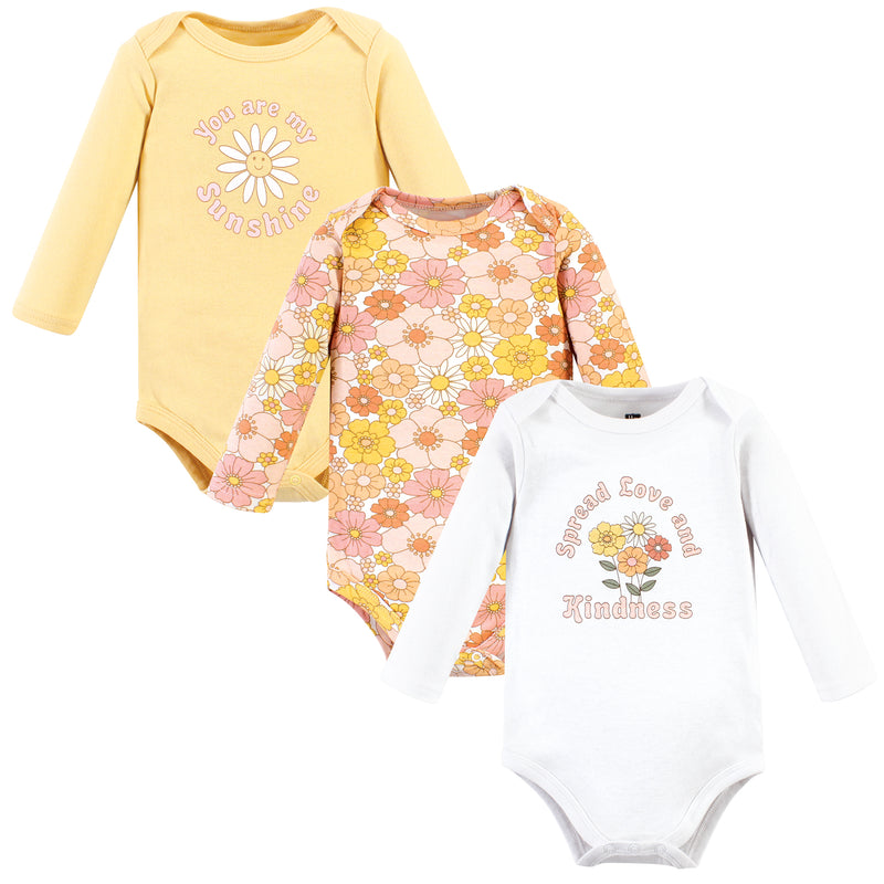 Hudson Baby Cotton Long-Sleeve Bodysuits, Peace Love Flowers