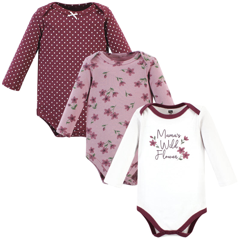 Hudson Baby Cotton Long-Sleeve Bodysuits, Plum Wildflower 3 Pack