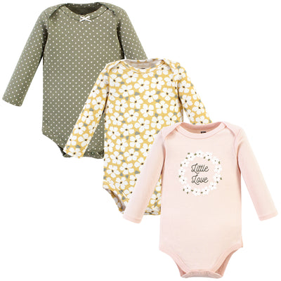 Hudson Baby Cotton Long-Sleeve Bodysuits, Sage Floral Wreath 3 Pack