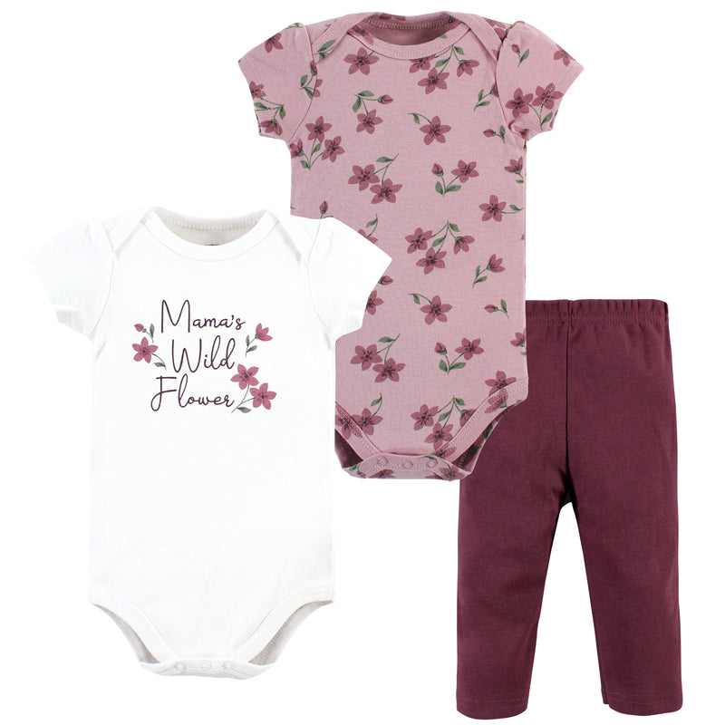 Hudson Baby Cotton Bodysuit and Pant Set, Plum Wildflower Short Sleeve