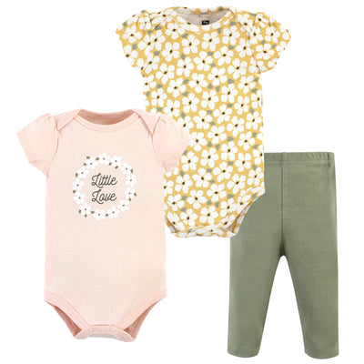 Hudson Baby Cotton Bodysuit and Pant Set, Sage Floral Wreath