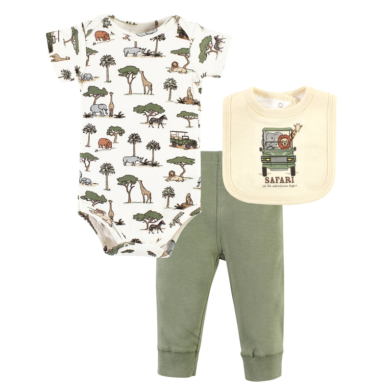 Hudson Baby Cotton Bodysuit, Pant and Bib Set, Going On Safari