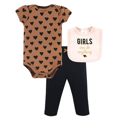 Hudson Baby Cotton Bodysuit, Pant and Bib Set, Cinnamon Hearts