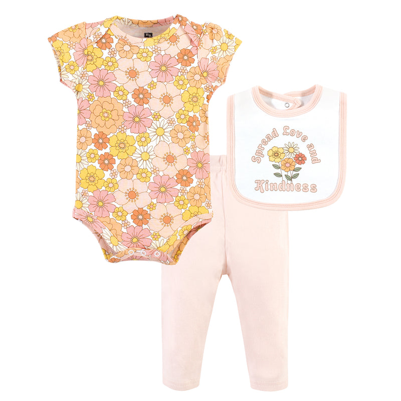 Hudson Baby Cotton Bodysuit, Pant and Bib Set, Peace Love Flowers