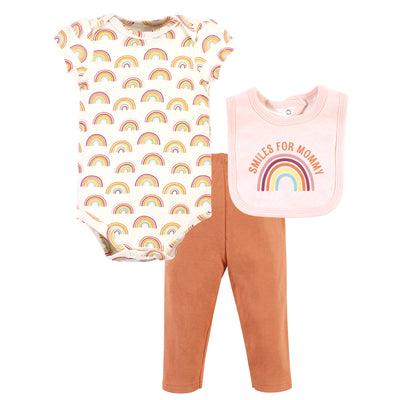 Hudson Baby Cotton Bodysuit, Pant and Bib Set, Sunshine Rainbows