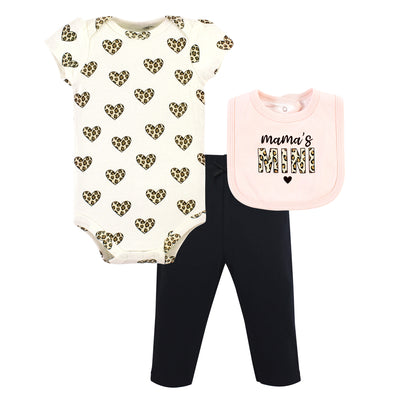 Hudson Baby Cotton Bodysuit, Pant and Bib Set, Leopard Hearts