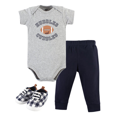 Hudson Baby Cotton Bodysuit, Pant and Shoe Set, Football Huddles Short Sleeve