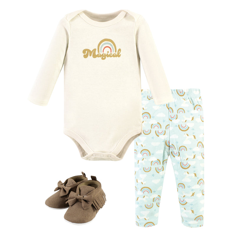 Hudson Baby Cotton Bodysuit, Pant and Shoe Set, Magical Rainbow Long Sleeve