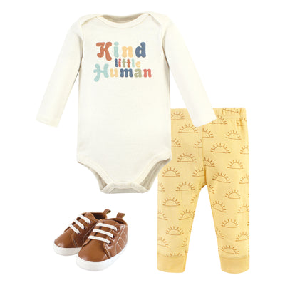 Hudson Baby Cotton Long Sleeve Bodysuit, Pant and Shoe Set, Kind Human