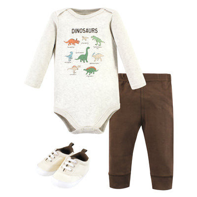 Hudson Baby Cotton Long Sleeve Bodysuit, Pant and Shoe Set, Dinosaur Adventures