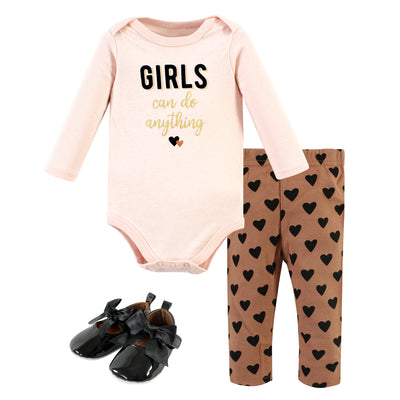 Hudson Baby Cotton Bodysuit, Pant and Shoe Set, Cinnamon Hearts Long Sleeve