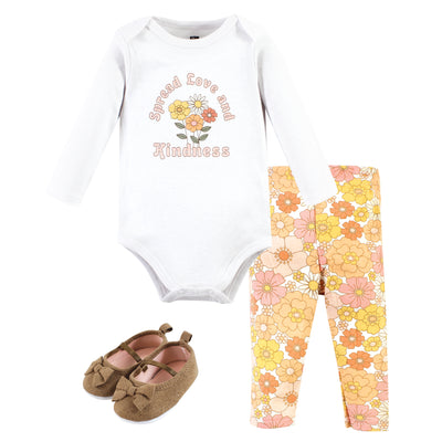 Hudson Baby Cotton Long Sleeve Bodysuit, Pant and Shoe Set, Peace Love Flowers