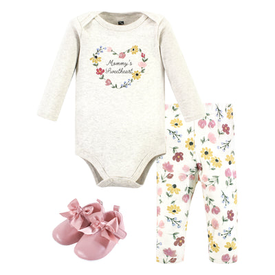 Hudson Baby Cotton Long Sleeve Bodysuit, Pant and Shoe Set, Soft Painted Floral