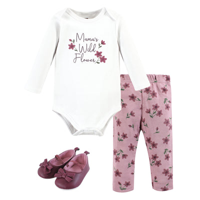 Hudson Baby Cotton Long Sleeve Bodysuit, Pant and Shoe Set, Plum Wildflower