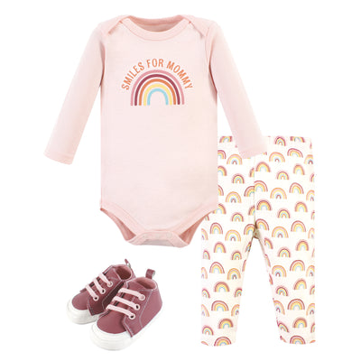 Hudson Baby Cotton Long Sleeve Bodysuit, Pant and Shoe Set, Sunshine Rainbows