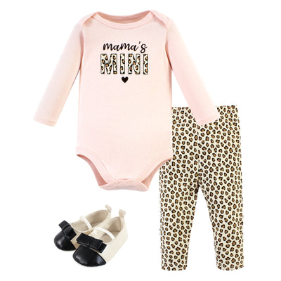 Hudson Baby Cotton Long Sleeve Bodysuit, Pant and Shoe Set, Leopard Hearts