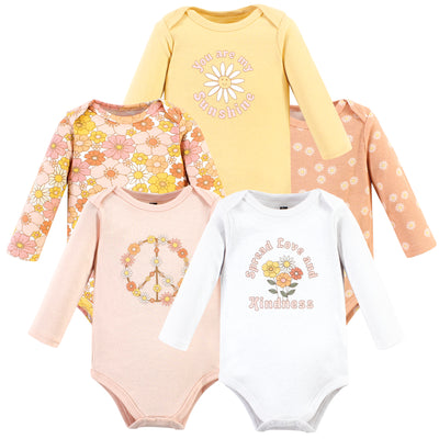 Hudson Baby Cotton Long-Sleeve Bodysuits, Peace Love Flowers 5 Pack