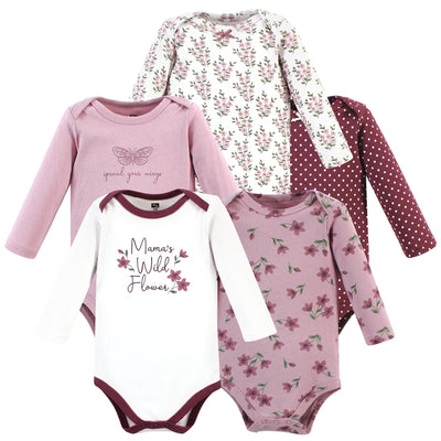 Hudson Baby Cotton Long-Sleeve Bodysuits, Plum Wildflower 5 Pack