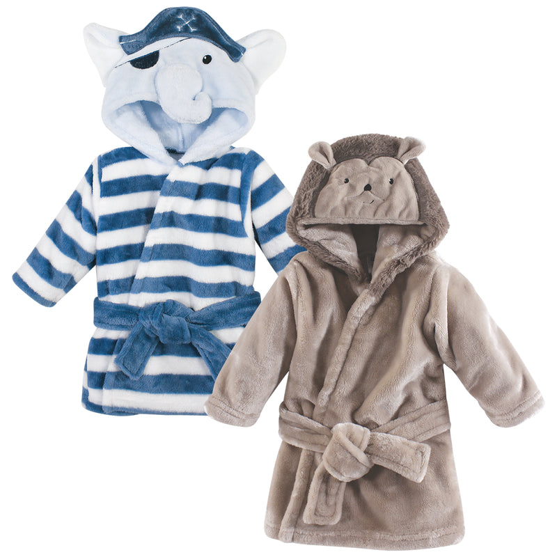 Hudson Baby 2Pc Plush Animal Face Bathrobe, Pirate Elephant Hedgehog