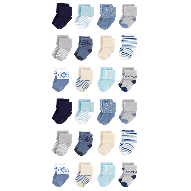 Hudson Baby Cotton Rich Newborn and Terry Socks, Blue Gray Aztec