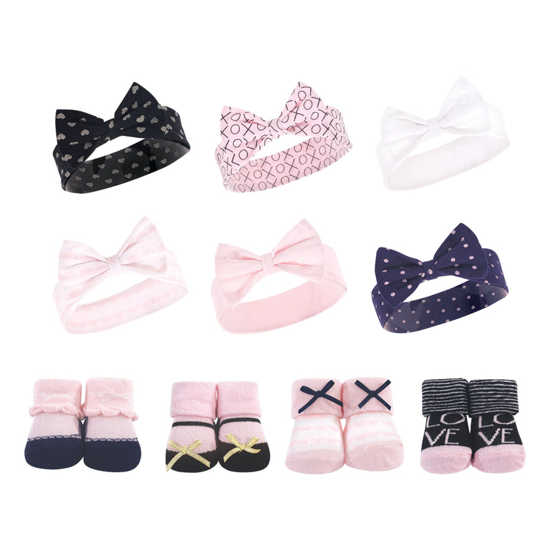Hudson Baby 10Pc Headband and Socks Set, Pink Polka Dot Love