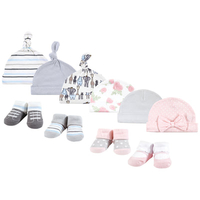 Hudson Baby 10Pc Cap and Socks Set, Royal Safari Pink Rose