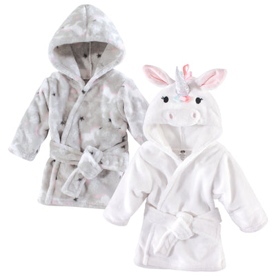 Hudson Baby 2Pc Plush Animal Face Bathrobe, Gray Whimsical Unicorn Rainbow Unicorn