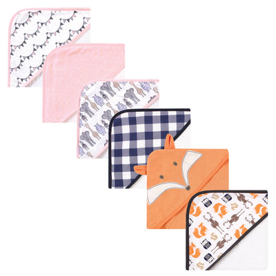 Hudson Baby 6Pc Cotton Rich Hooded Towels Bundle Set, Fox Pink Safari