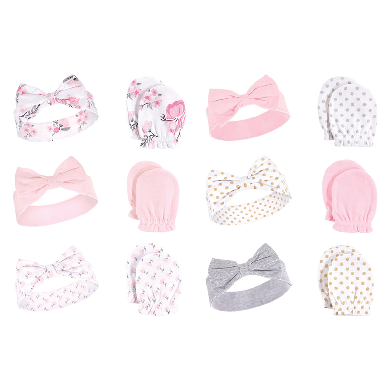 Hudson Baby 12Pc Cotton Headband and Scratch Mitten Set, Pink Floral Dots