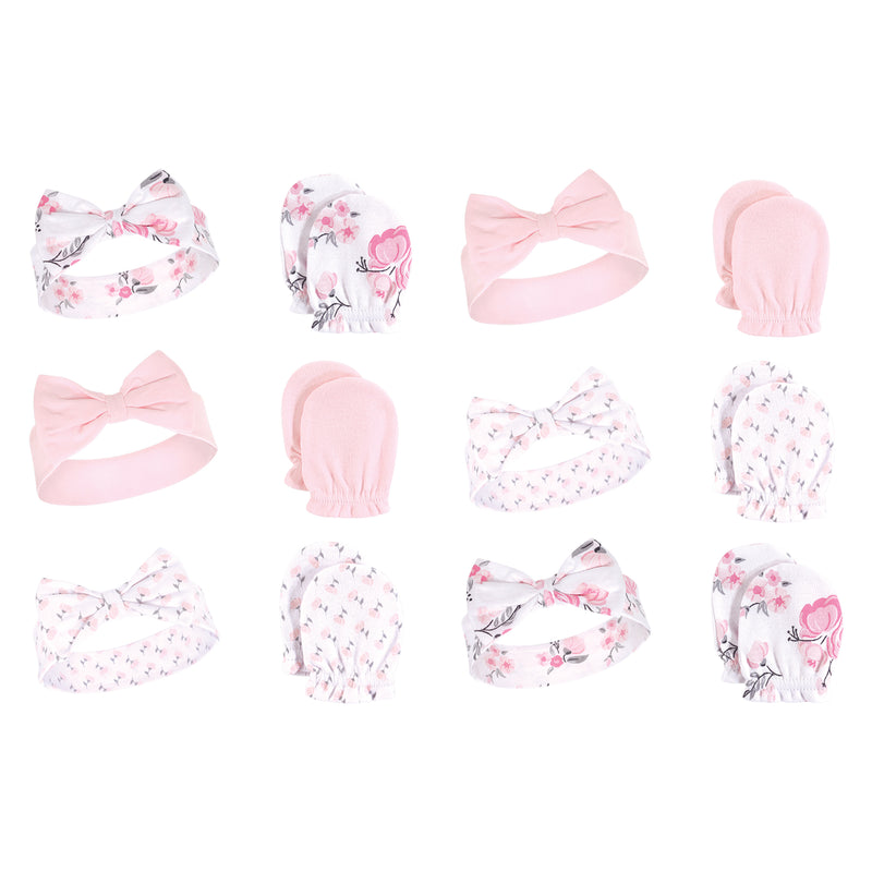 Hudson Baby 12Pc Headband and Scratch Mitten Set, Pink Floral
