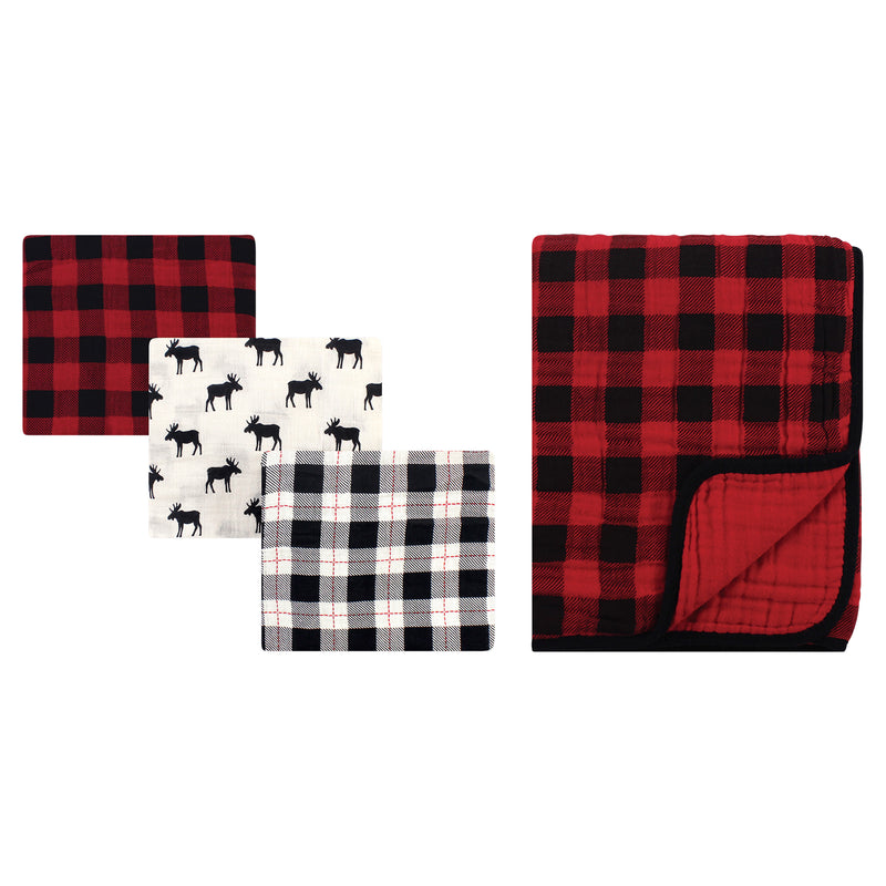 Hudson Baby Muslin Swaddle Blanket 3Pc and Tranquility Blanket, Moose Buffalo Plaid