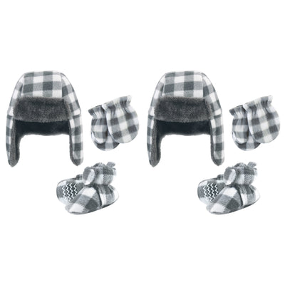 Hudson Baby 6Pc Trapper Hat, Mitten and Bootie Set, Charcoal White Plaid