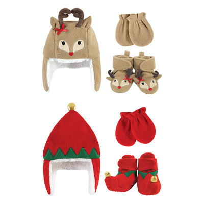 Hudson Baby 6Pc Trapper Hat, Mitten and Bootie Set, Red Elf Girl Reindeer