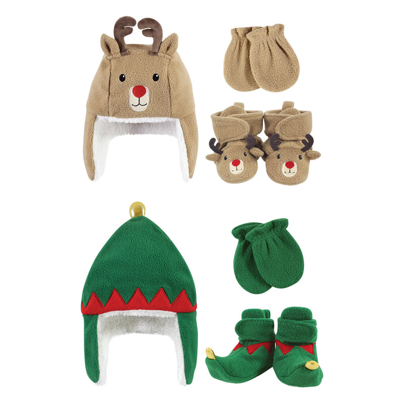 Hudson Baby 6Pc Trapper Hat, Mitten and Bootie Set, Green Elf Reindeer