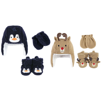 Hudson Baby 6Pc Trapper Hat, Mitten and Bootie Set, Navy Penguin Reindeer