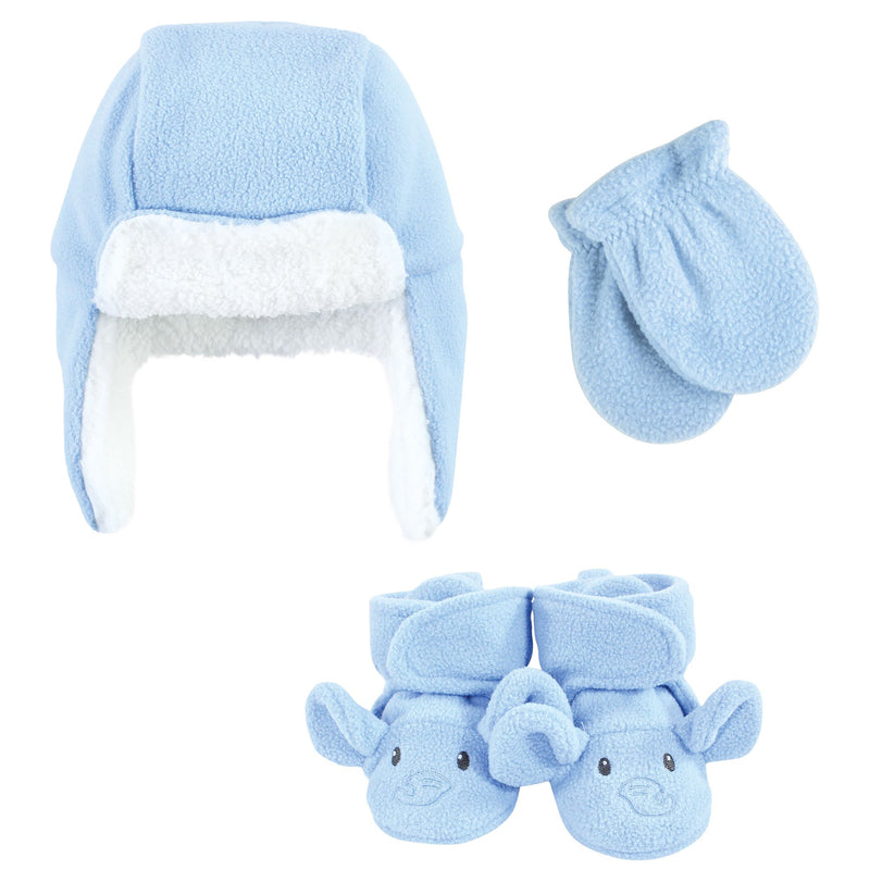 Hudson Baby 6Pc Trapper Hat, Mitten and Bootie Set, Blue Elephant Giraffe