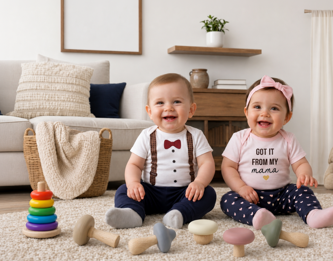 Two children playing with toys on a carpeted floor in a living room.