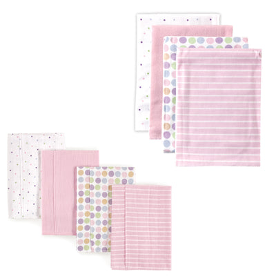 Luvable Friends Cotton Flannel Burp Cloths and Receiving Blankets, 8-Piece, Pink Dots