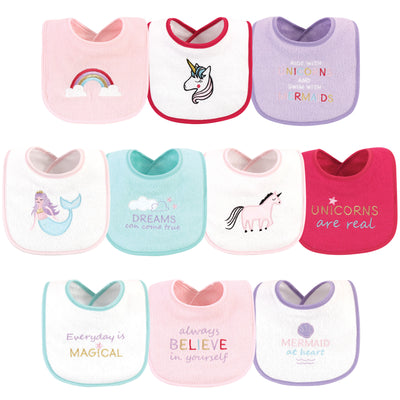 Luvable Friends Cotton Drooler Bibs with Fiber Filling, Unicorns And Mermaids