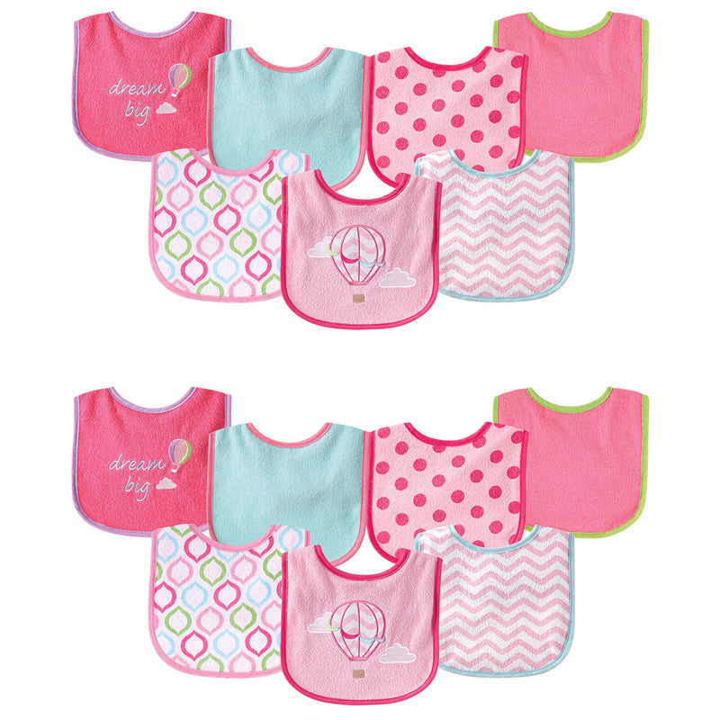 Luvable Friends Cotton Terry Drooler Bibs with PEVA Back, Pink Balloon 14-Piece