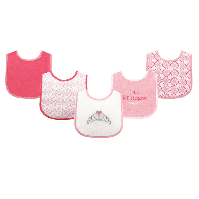 Luvable Friends Cotton Terry Drooler Bibs with PEVA Back, Princess 5-Pack