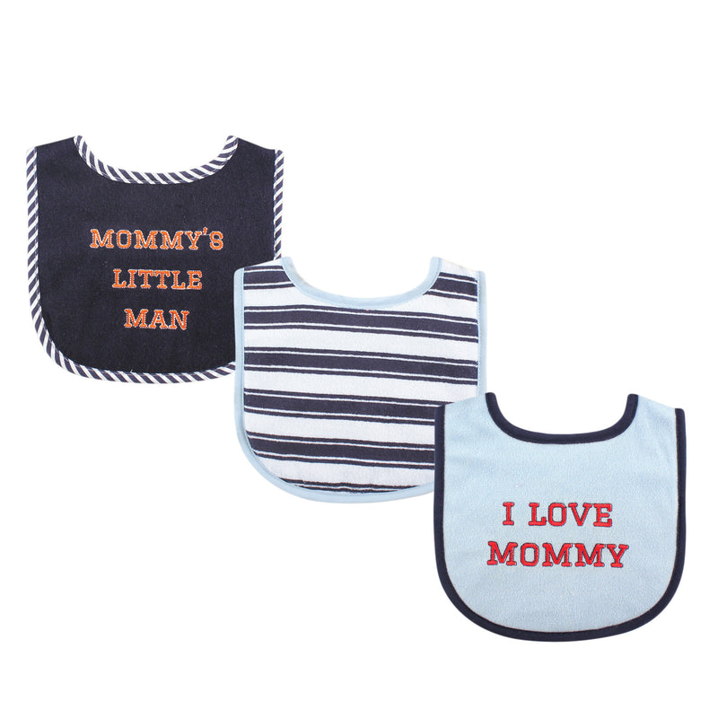 Luvable Friends Cotton Drooler Bibs with Fiber Filling, Boy Mommy 3-Pack