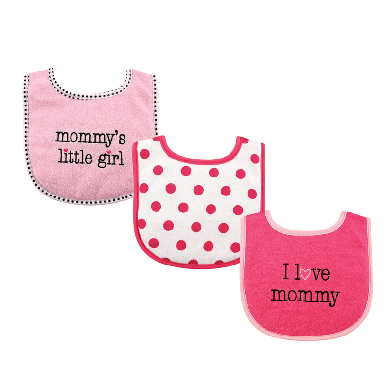 Luvable Friends Cotton Drooler Bibs with Fiber Filling, Girl Mommy 3-Pack
