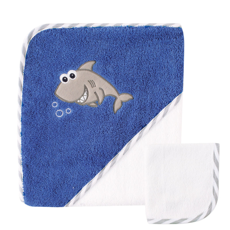 Luvable Friends Cotton Hooded Towel and Washcloth, Shark