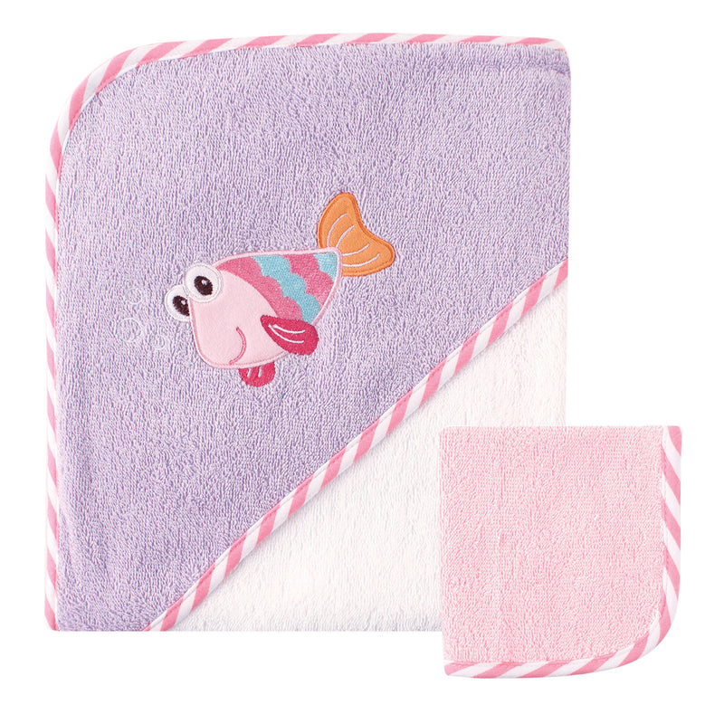 Luvable Friends Cotton Hooded Towel and Washcloth, Fish