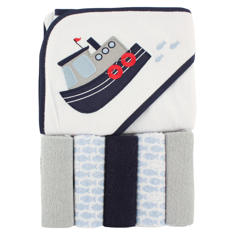 Luvable Friends Hooded Towel with Five Washcloths, Tugboat